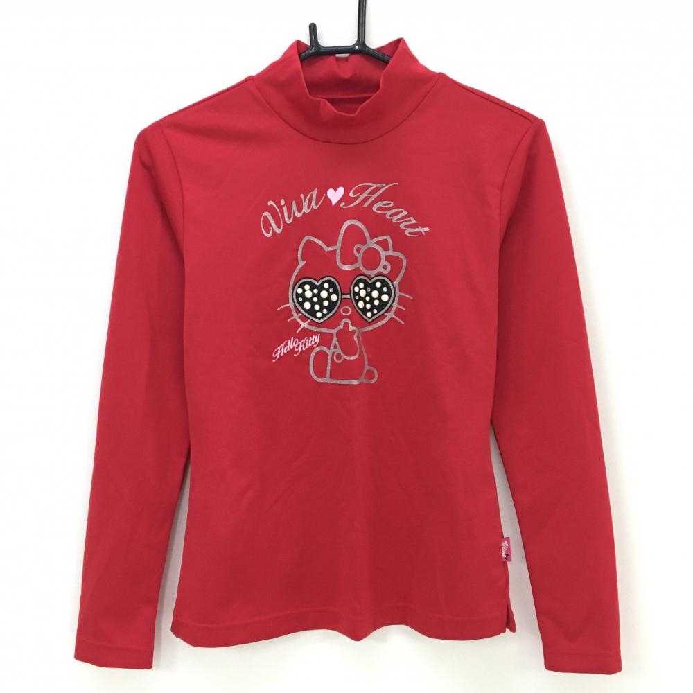 【美品】ビバハート×ハローキティ 長袖ハイネックシャツ レッド×シルバー フロントプリント レディース 40(M) ゴルフウェア VIVA HEART