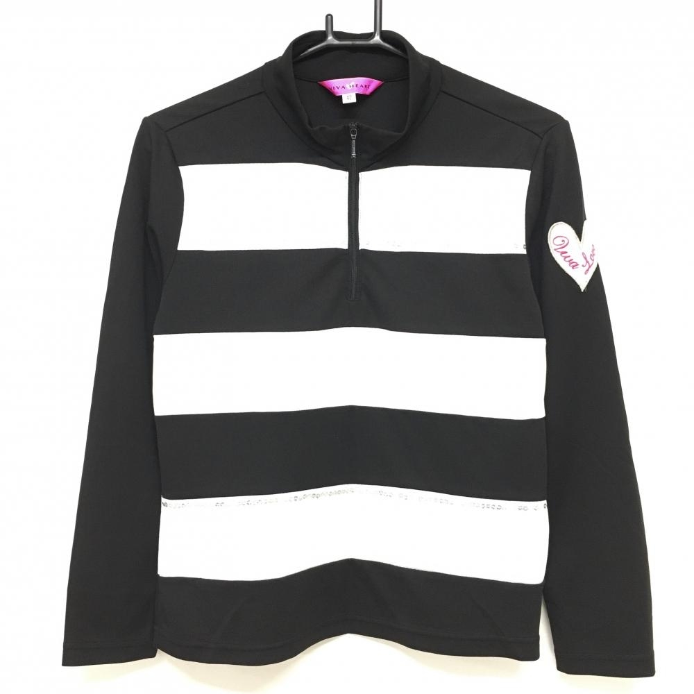 【美品】ビバハート 長袖ハイネックシャツ 黒×白 ボーダー ハーフジップ スパンコール ハート  レディース 42(L) ゴルフウェア VIVA HEART