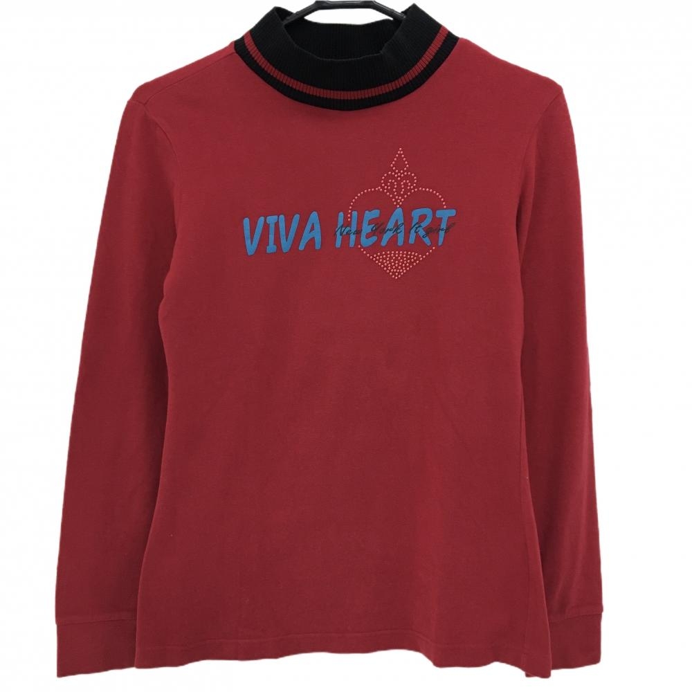 【超美品】ビバハート 長袖ハイネックシャツ レッド×黒 微起毛 ネックニット ロゴ レディース 40(M) ゴルフウェア VIVA HEART