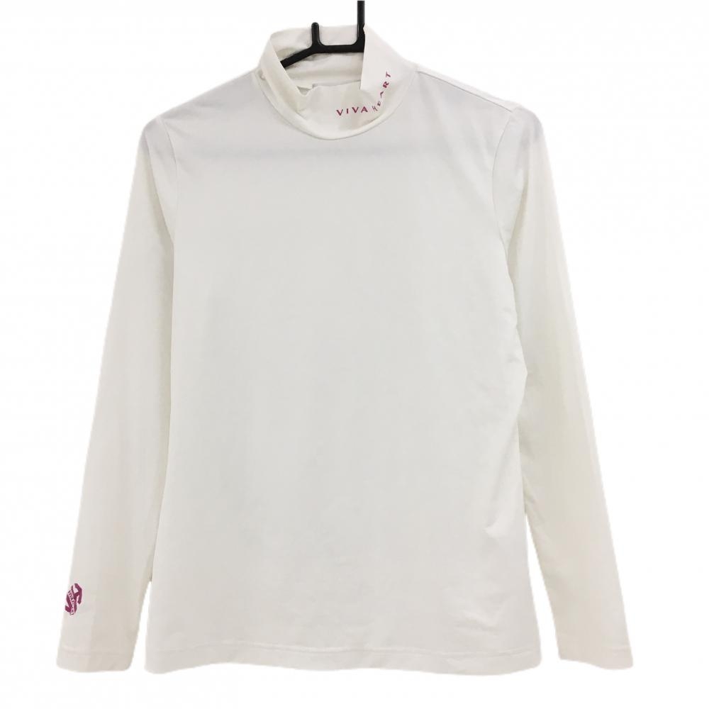 【超美品】ビバハート 長袖ハイネックシャツ 白×ピンク ストレッチ ネック・袖ロゴ レディース 42(L) ゴルフウェア VIVA HEART