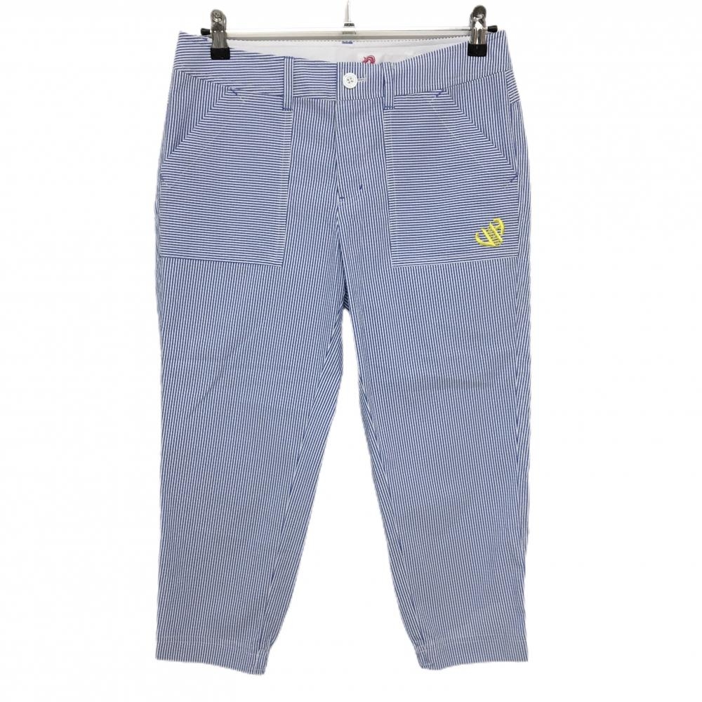 【新品】ビバハート 七分丈パンツ 白×ブルー ストライプ サッカー生地 裾ゴム 撥水 ストレッチ レディース 42(L) ゴルフウェア VIVA HEART