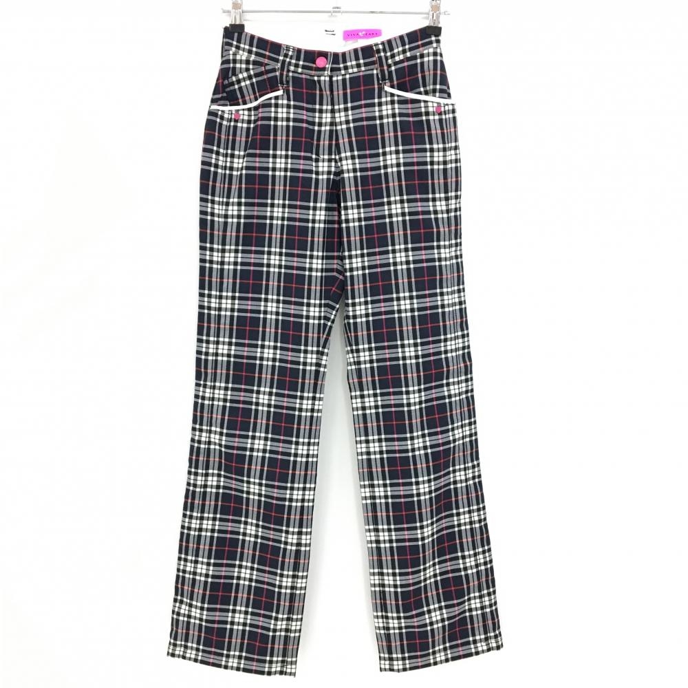【超美品】ビバハート パンツ ネイビー×白 チェック柄 ハート レディース 38(S) ゴルフウェア VIVA HEART
