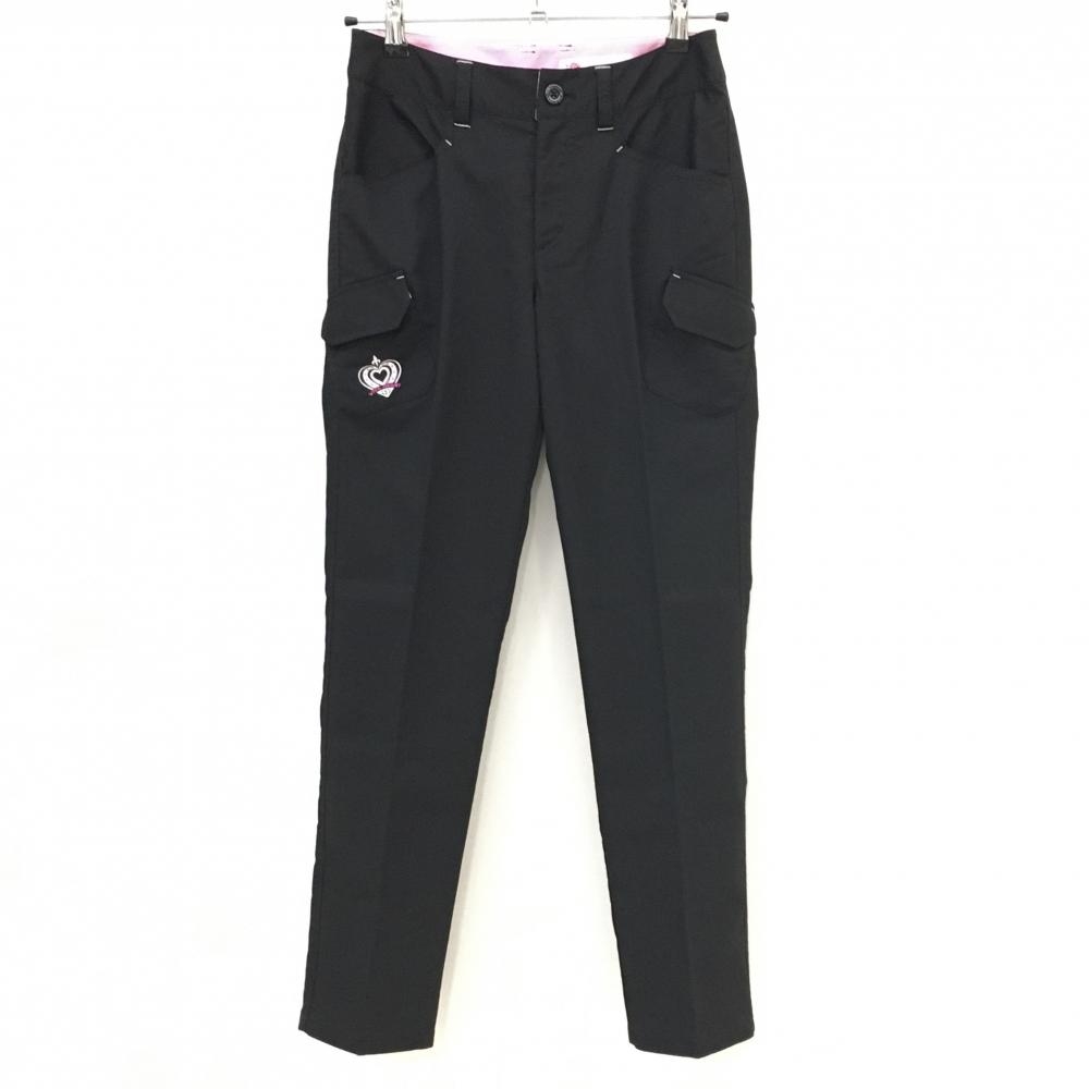 【超美品】ビバハート カーゴパンツ 黒 地模様 ハート刺しゅう レディース 38(S) ゴルフウェア VIVA HEART