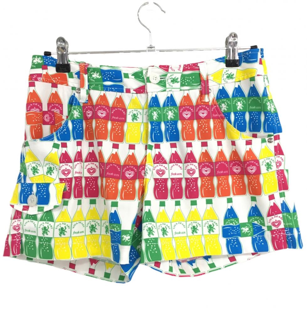 【超美品】ビバハート ショートパンツ 白×マルチ ドリンクボトル柄 レディース 40 ゴルフウェア VIVA HEART