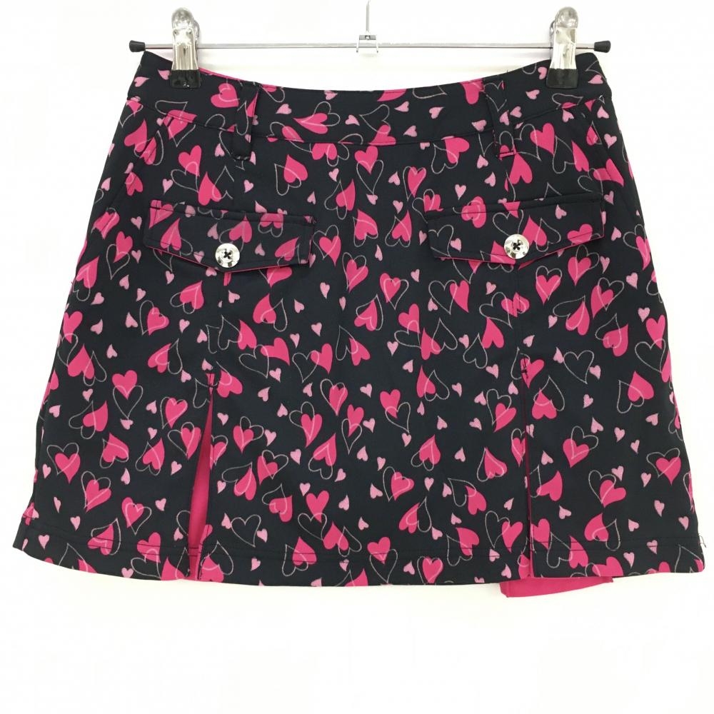 【超美品】ビバハート スカート 黒×ピンク ハート 総柄 内側インナーパンツ レディース 38 ゴルフウェア VIVA HEART