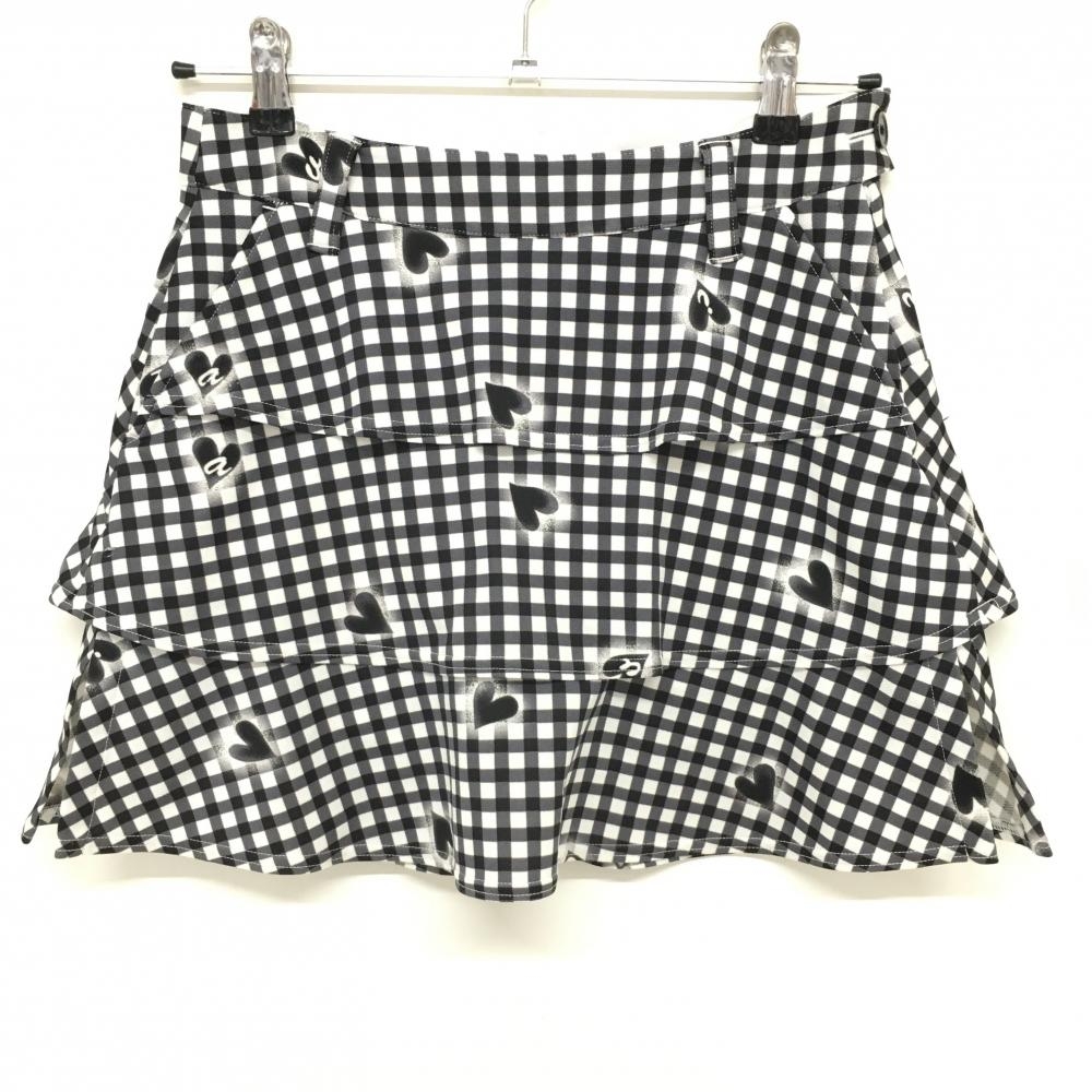 【美品】ビバハート スカート 黒×白 チェック ハート レディース 38(S) ゴルフウェア VIVA HEART
