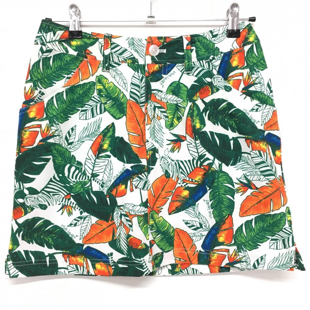 【超美品】ビバハート スカート 白×グリーン リーフ柄 レディース 40(M) ゴルフウェア VIVA HEART