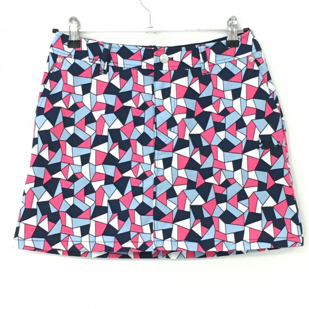 【美品】ビバハート スカート ネイビー×白×ピンク 総柄 内側インナーパンツ レディース 40(M) ゴルフウェア VIVA HEART