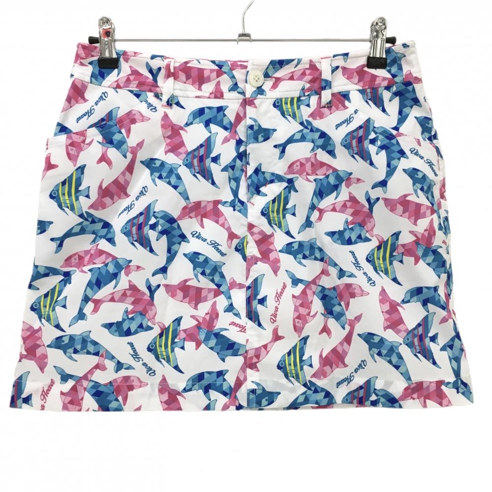 【超美品】ビバハート スカート 白×ピンク 魚柄 内側インナーパンツ レディース 42(L) ゴルフウェア VIVA HEART