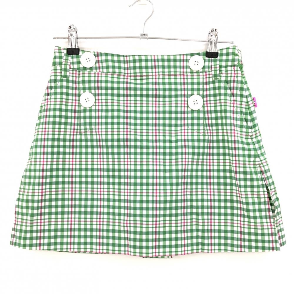 【超美品】ビバハート スカート 白×グリーン チェック柄 内側インナーパンツ レディース 40(M) ゴルフウェア VIVA HEART