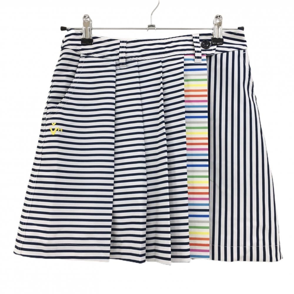 【超美品】ビバハート スカート 白×ネイビー ボーダー 前面プリーツ 内側インナーパンツ レディース 38(S) ゴルフウェア VIVA HEART