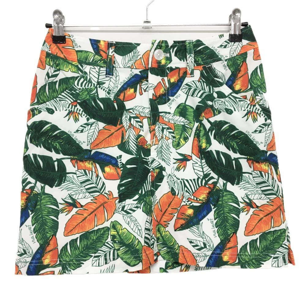 【超美品】ビバハート スカート 白×グリーン リーフ柄 ストレッチ レディース 40(M) ゴルフウェア VIVA HEART