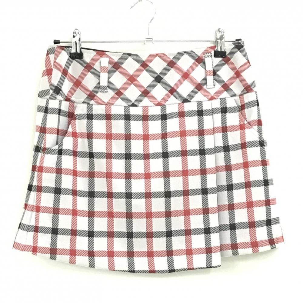 【超美品】ビバハート スカート 白×レッド チェック柄 ロゴ刺しゅう 内側インナーパンツ レディース 40(M) ゴルフウェア VIVA HEART