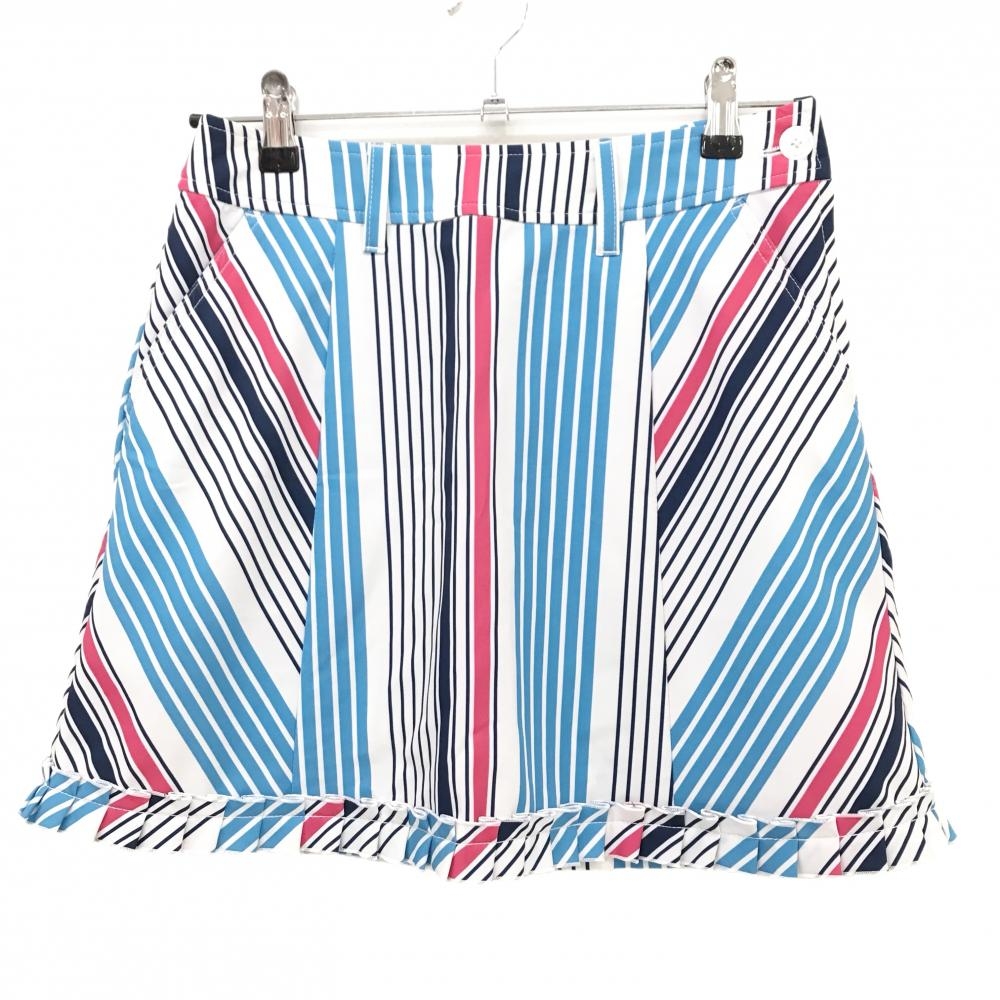 【超美品】ビバハート スカート 白×ネイビー×ライトブルー ストライプ 裾フリル  レディース 38(S) ゴルフウェア VIVA HEART
