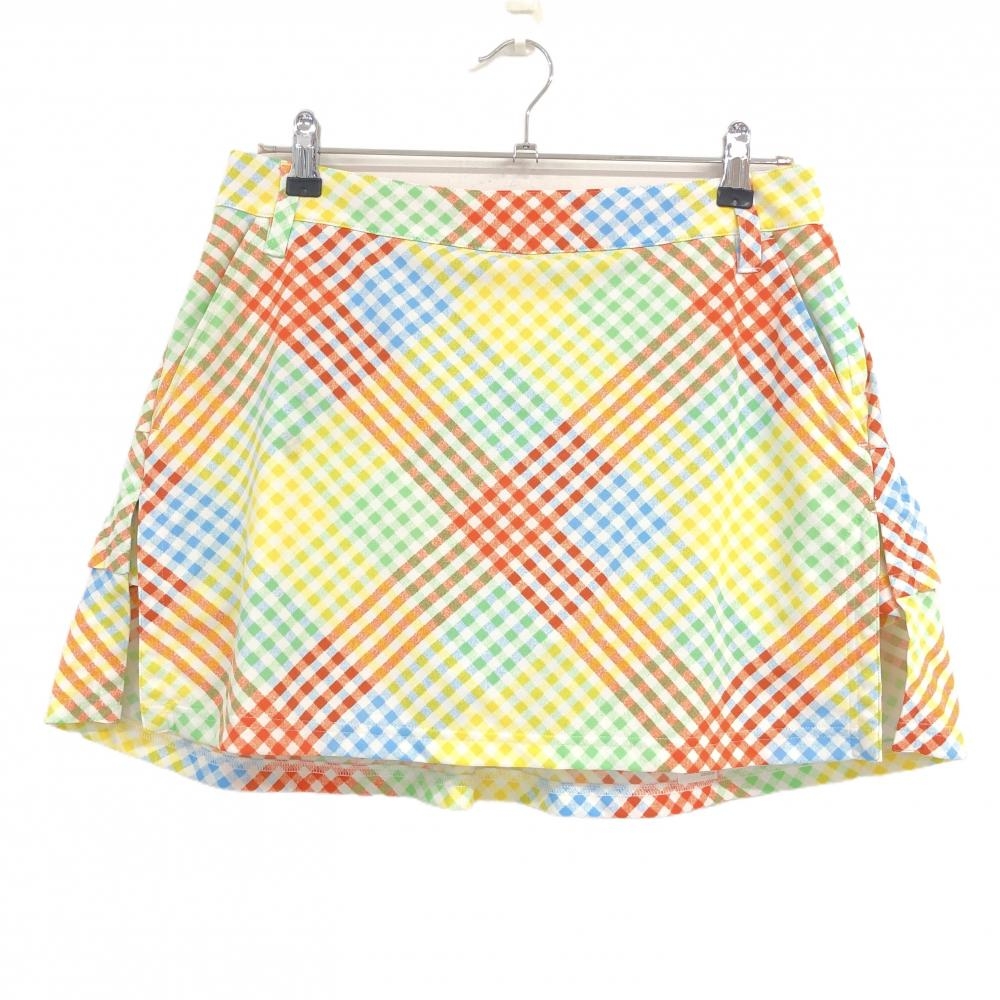 ビバハート スカート 白×マルチカラー 斜め格子柄 後ろフリル 内側インナーパンツ レディース 42(L) ゴルフウェア VIVA HEART