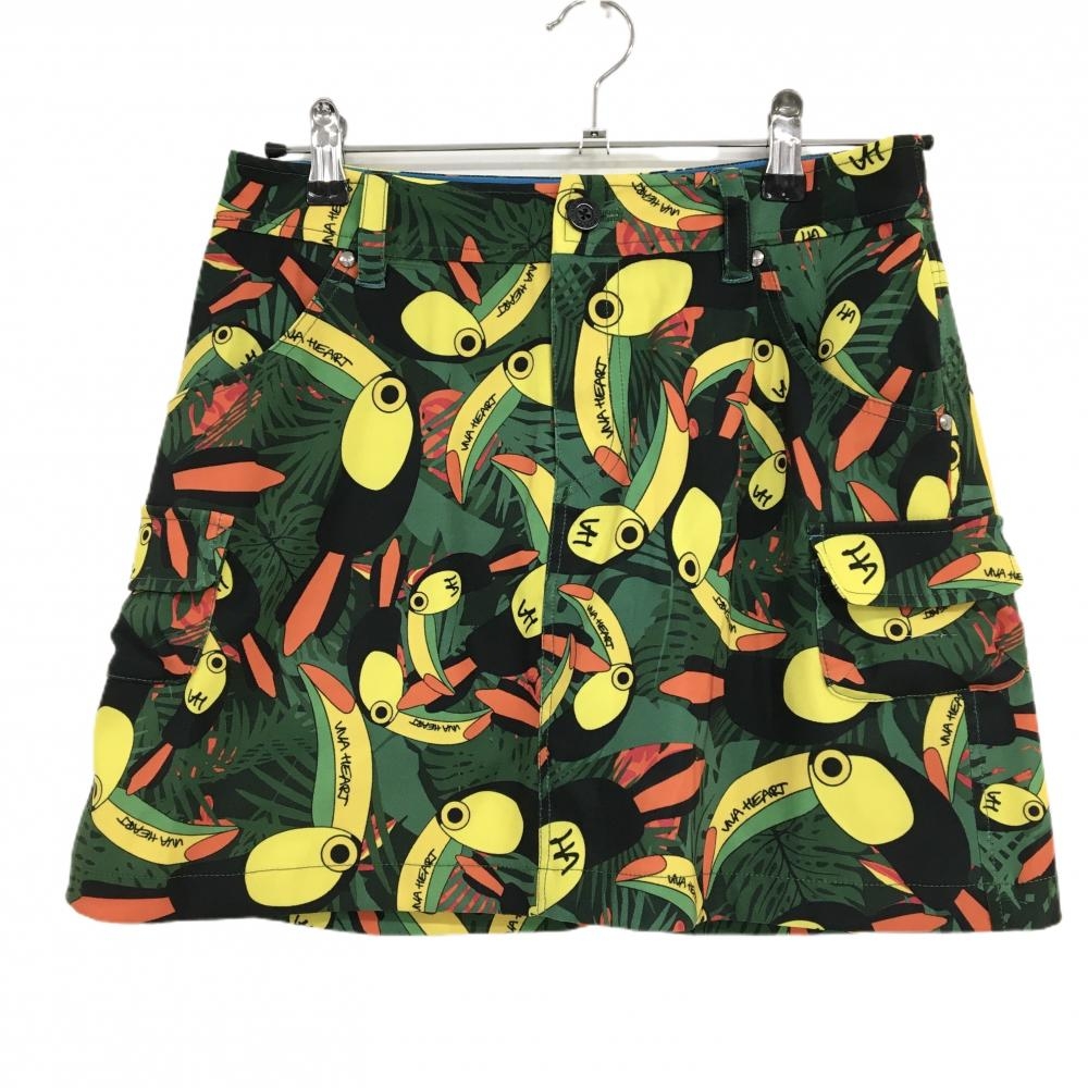【超美品】ビバハート スカート 黒×イエロー×グリーン トリ・リーフ総柄 内側インナーパンツ  レディース 40(M) ゴルフウェア VIVA HEART