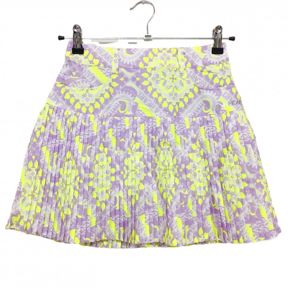 【新品】ビバハート プリーツスカート 白×ライトパープル×蛍光イエロー 総柄 裏地付き  レディース 36(XS) ゴルフウェア VIVA HEART