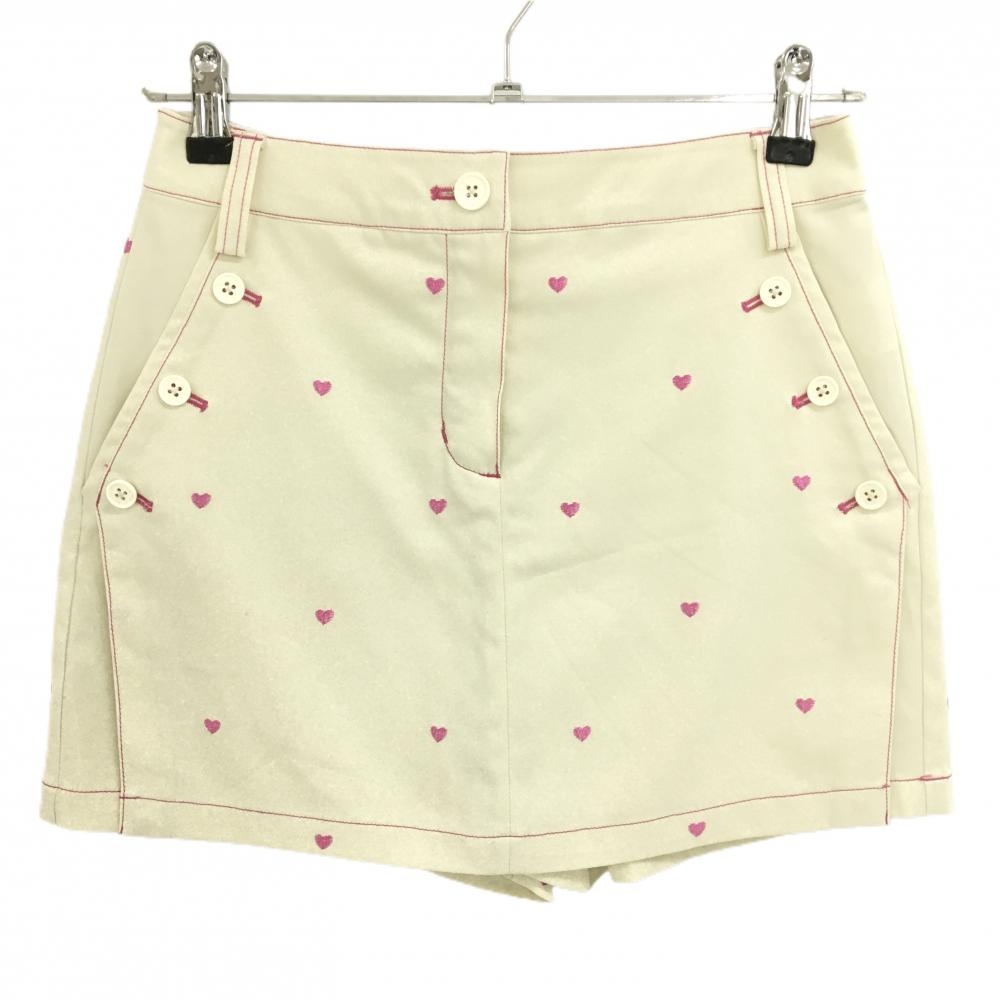 【超美品】ビバハート キュロットスカート アイボリー×ピンク ハート総柄 レディース 38(S) ゴルフウェア VIVA HEART