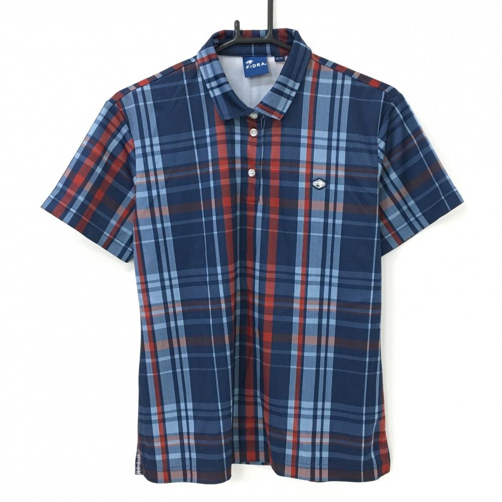 【超美品】フィドラ 半袖ポロシャツ ネイビー×オレンジ チェック ロゴワッペン  レディース XL/TG ゴルフウェア FIDRA