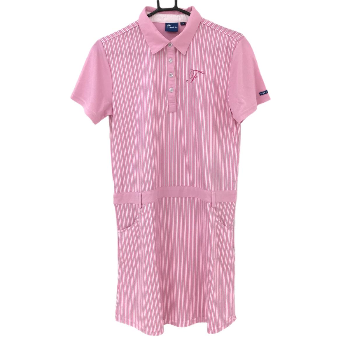 【超美品】フィドラ 半袖ポロワンピース ピンク×白 ストライプ 胸元プリント 襟裏ロゴ レディース L/G ゴルフウェア FIDRA 画像