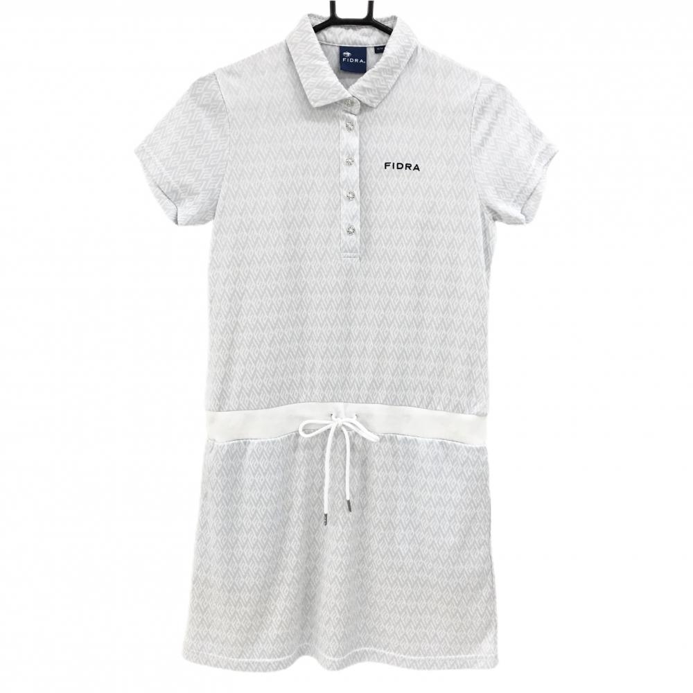 【美品】フィドラ 半袖ポロワンピース 白 総柄 ロゴ刺しゅう 裏地付き レディース M/M ゴルフウェア FIDRA
