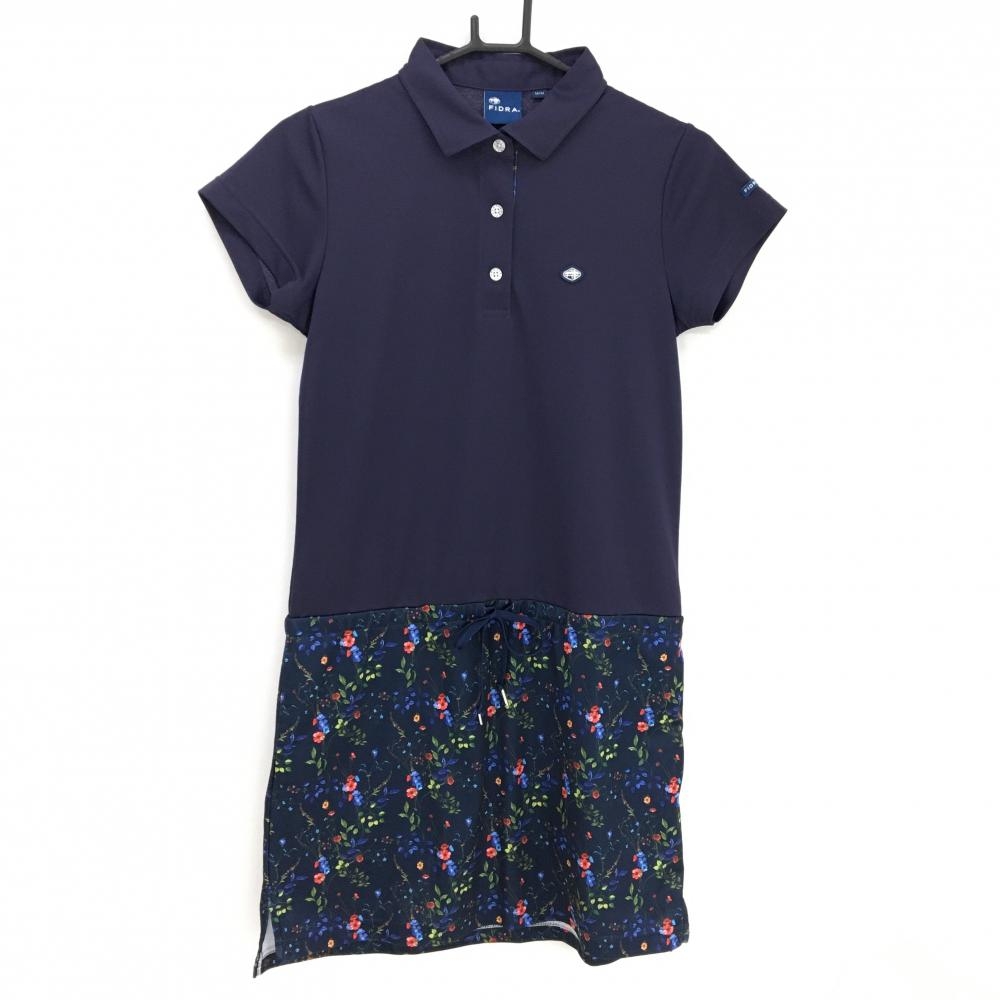 【超美品】フィドラ 半袖ポロワンピース ネイビー×マルチカラー スカート部花柄  レディース M ゴルフウェア FIDRA