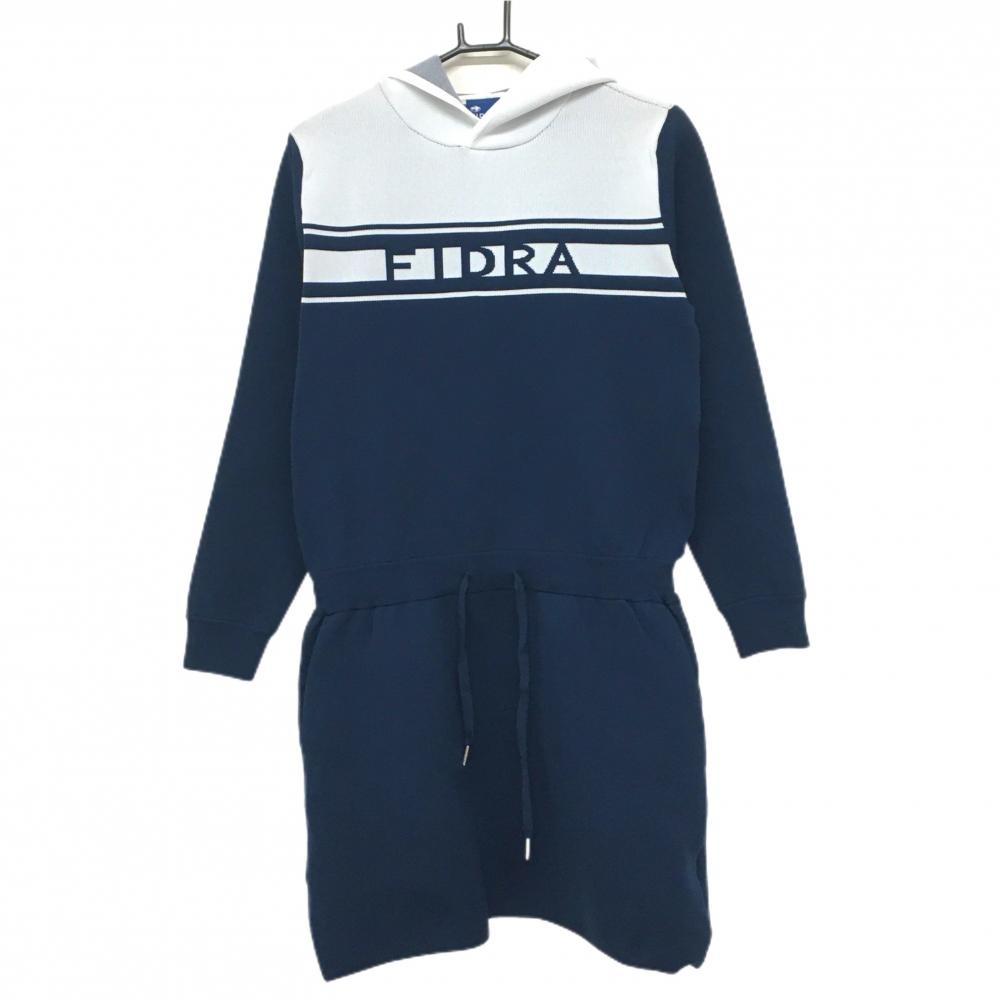 【超美品】フィドラ フード付長袖ニットワンピース ネイビー×白 フロントロゴ ウエストゴム レディース L/G ゴルフウェア FIDRA