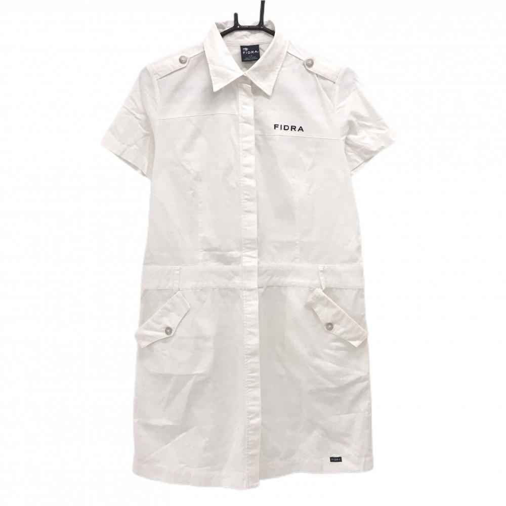 【美品】フィドラ 半袖ポロワンピース 白 ロゴ刺しゅう コットン混 インナーパンツ付 レディース L/G ゴルフウェア FIDRA