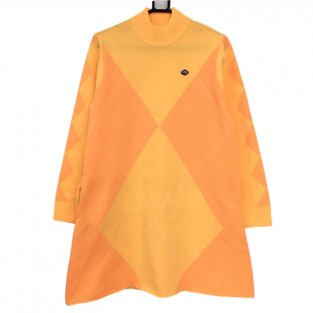 【超美品】フィドラ ニットワンピース イエロー系×オレンジ アーガイル柄 ロゴワッペン レディース M/M ゴルフウェア FIDRA