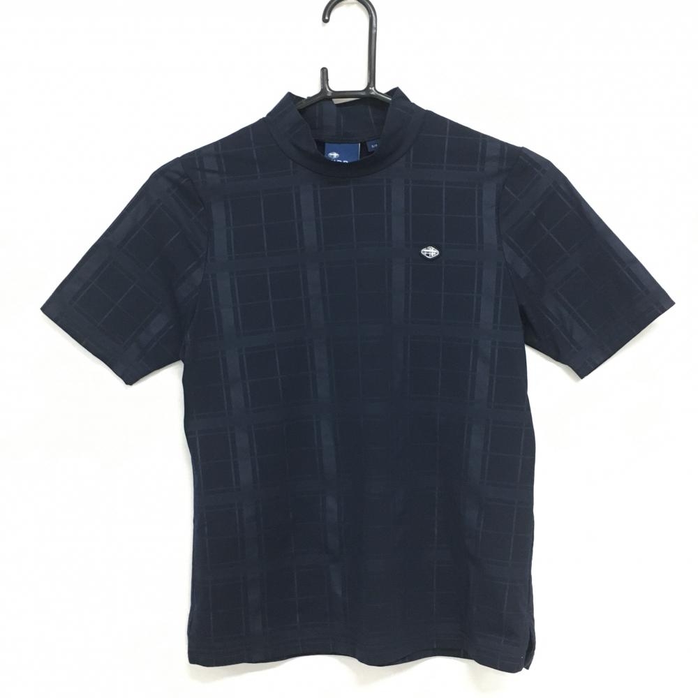 【超美品】フィドラ 半袖ハイネックシャツ ネイビー チェック織生地 レディース S/P ゴルフウェア FIDRA