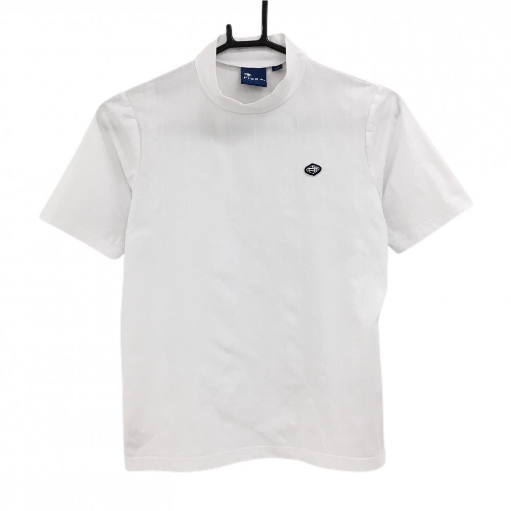 【超美品】フィドラ 半袖ハイネックシャツ 白 格子柄地模様 ロゴワッペン レディース S/P ゴルフウェア FIDRA