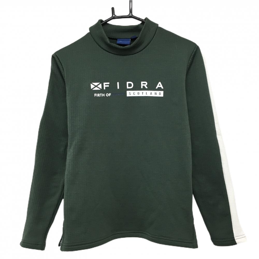 【超美品】フィドラ 長袖ハイネックシャツ グリーン系×白 裏微起毛 ロゴプリント レディース S/P ゴルフウェア FIDRA