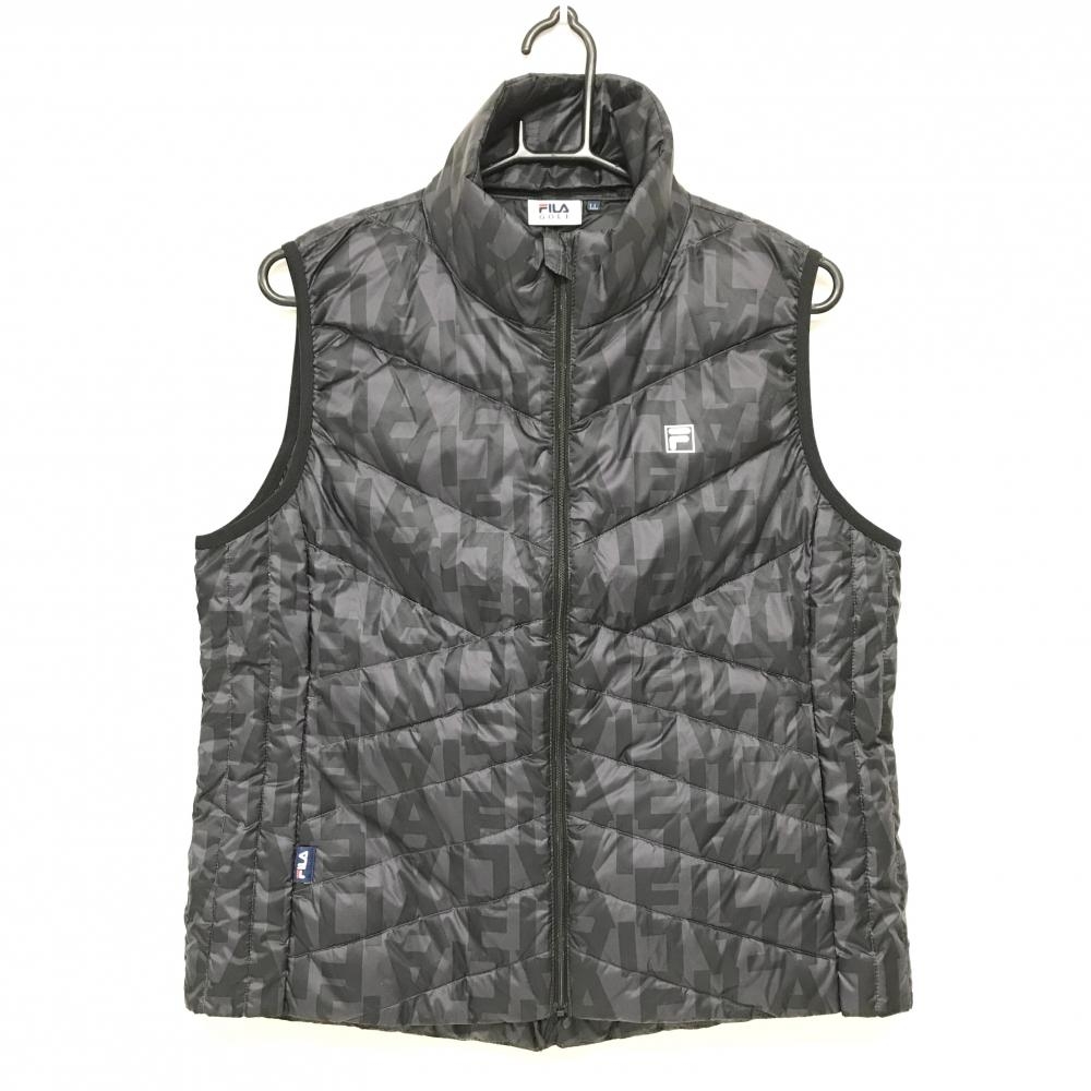 【新品】フィラゴルフ ダウンベスト グレー×黒 ロゴ総柄 撥水加工 レディース LL ゴルフウェア FILA GOLF