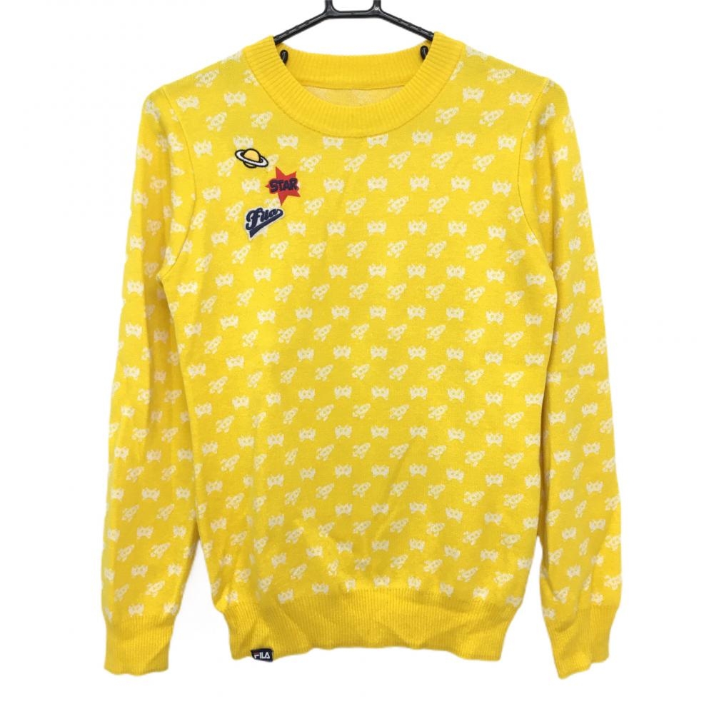 【美品】フィラゴルフ セーター イエロー×白 総柄 ロケット ロゴワッペン ウール混 レディース L ゴルフウェア FILA GOLF
