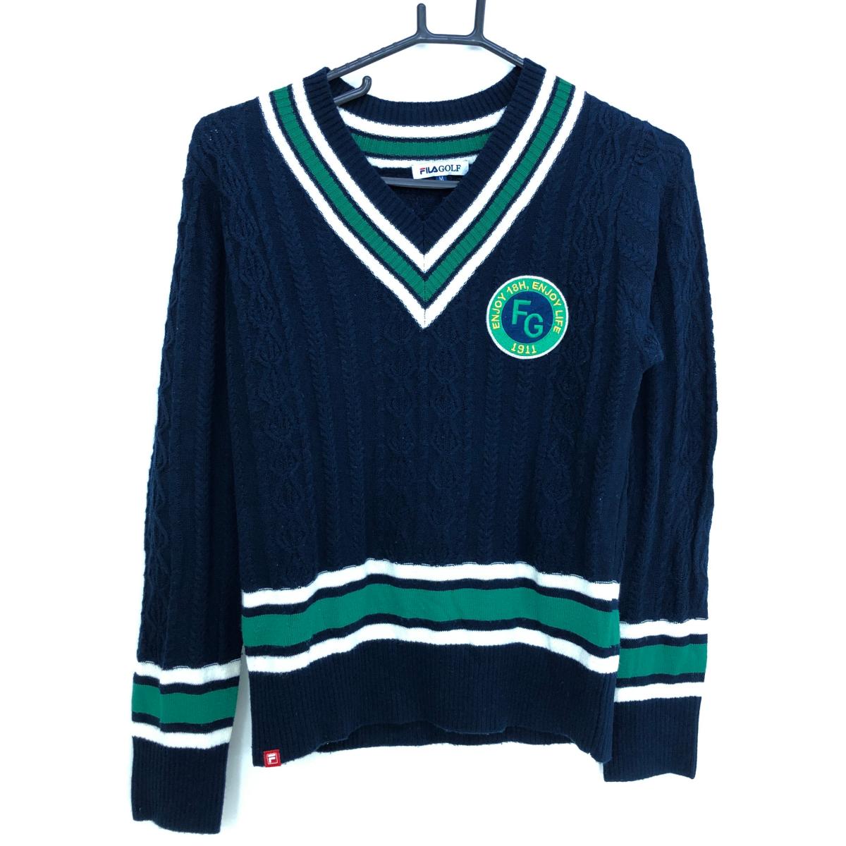 【美品】フィラゴルフ セーター ネイビー×グリーン アクリル100％ Vネック レディース M ゴルフウェア FILA GOLF