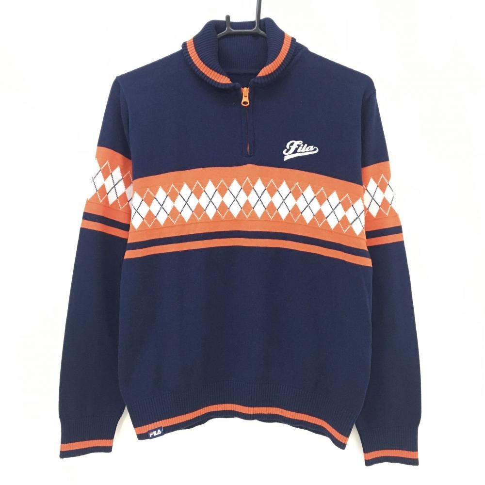 フィラゴルフ セーター ネイビー×オレンジ ハーフジップ 腹部アーガイル ニット レディース LL ゴルフウェア FILA GOLF