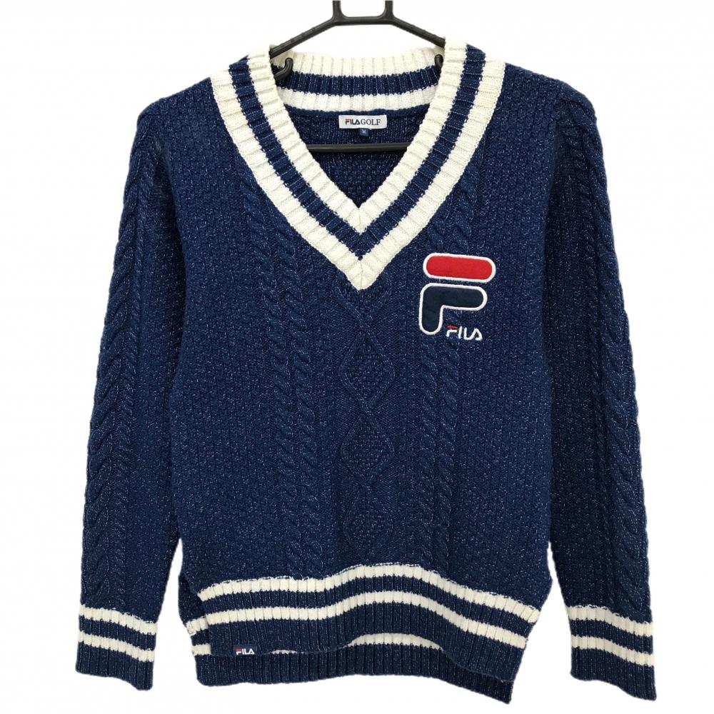 フィラゴルフ セーター ネイビー×白 ケーブル編み Vネック ロゴ刺しゅう ニット  レディース M ゴルフウェア FILA GOLF