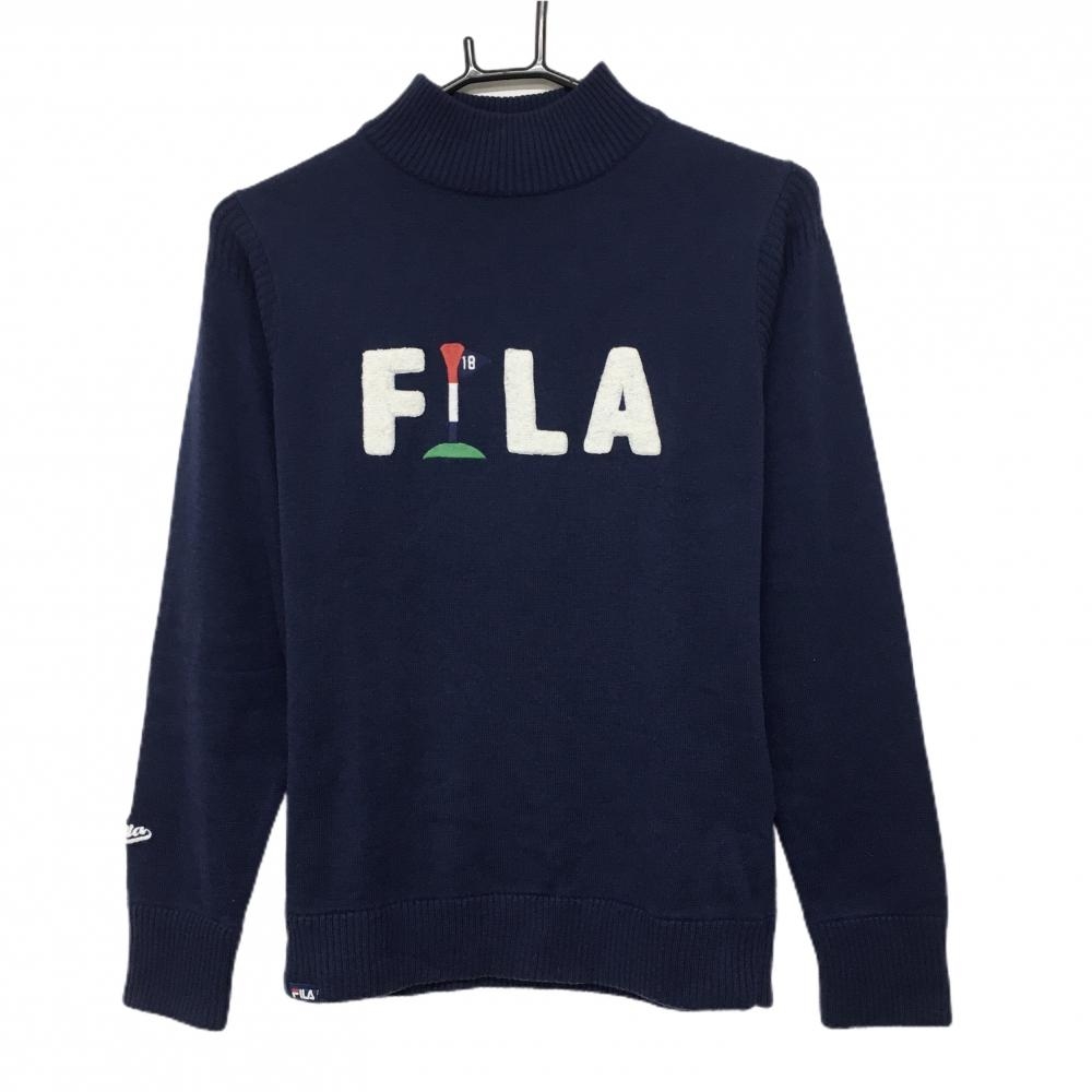 フィラゴルフ ハイネックセーター ネイビー×白 フロントロゴ ウール混 レディース L ゴルフウェア FILA GOLF