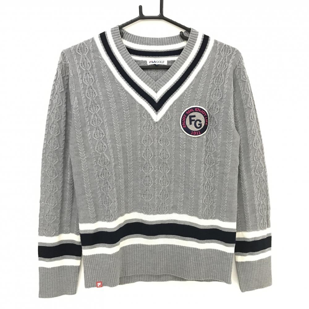 フィラゴルフ セーター グレー ケーブル編み Vネック ニット  レディース L ゴルフウェア FILA GOLF