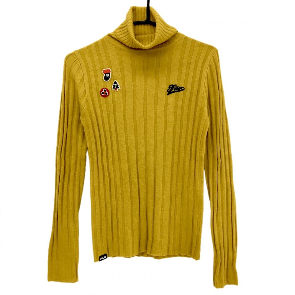 【美品】フィラゴルフ タートルネックセーター イエロー系 ロゴネイビー クリスマスワッペン レディース L ゴルフウェア FILA GOLF