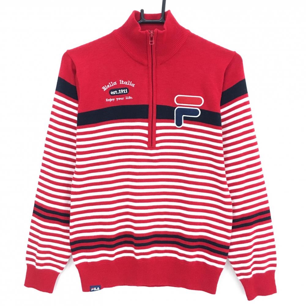 【超美品】フィラゴルフ ハイネックセーター レッド×白 ボーダー ハーフジップ ウール混 ニット レディース L ゴルフウェア FILA GOLF