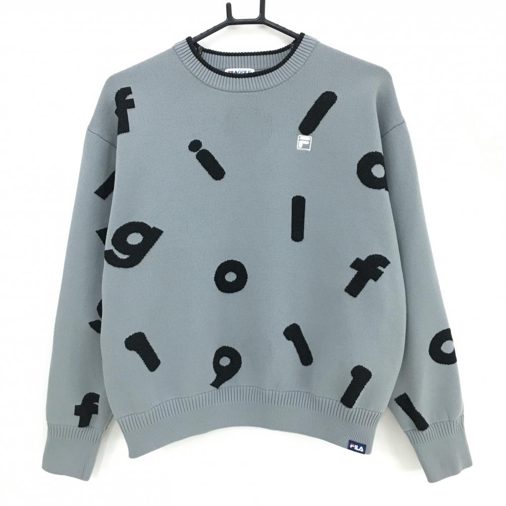 フィラゴルフ セーター グレー×黒 英字総柄 ニット  レディース L ゴルフウェア FILA GOLF