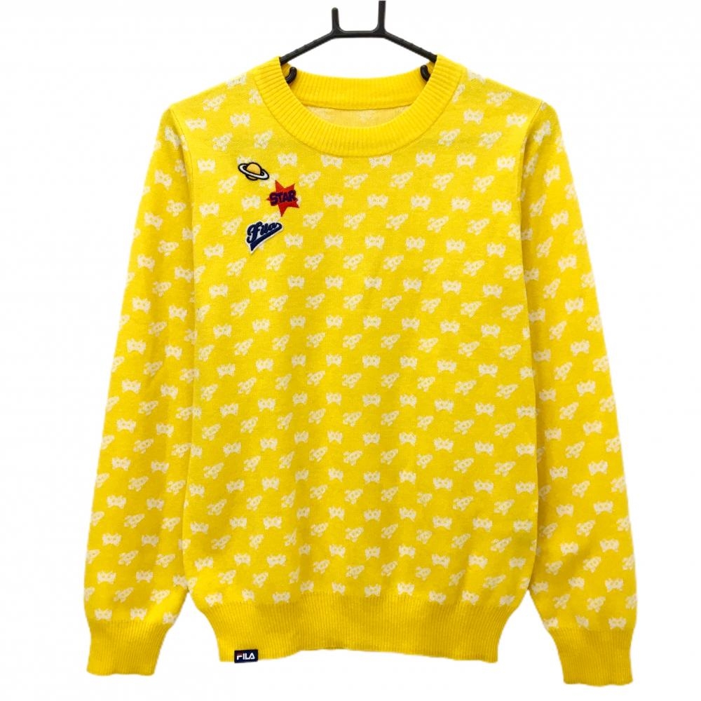 【超美品】フィラゴルフ セーター イエロー×白 総柄 胸元ロゴ ニット ウール混 レディース LL ゴルフウェア FILA GOLF