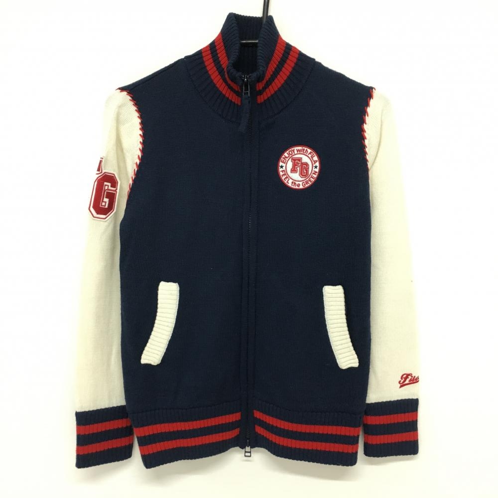 フィラゴルフ ニットブルゾン ネイビー×白 胸元ロゴ 蓄熱 レディース M ゴルフウェア FILA GOLF