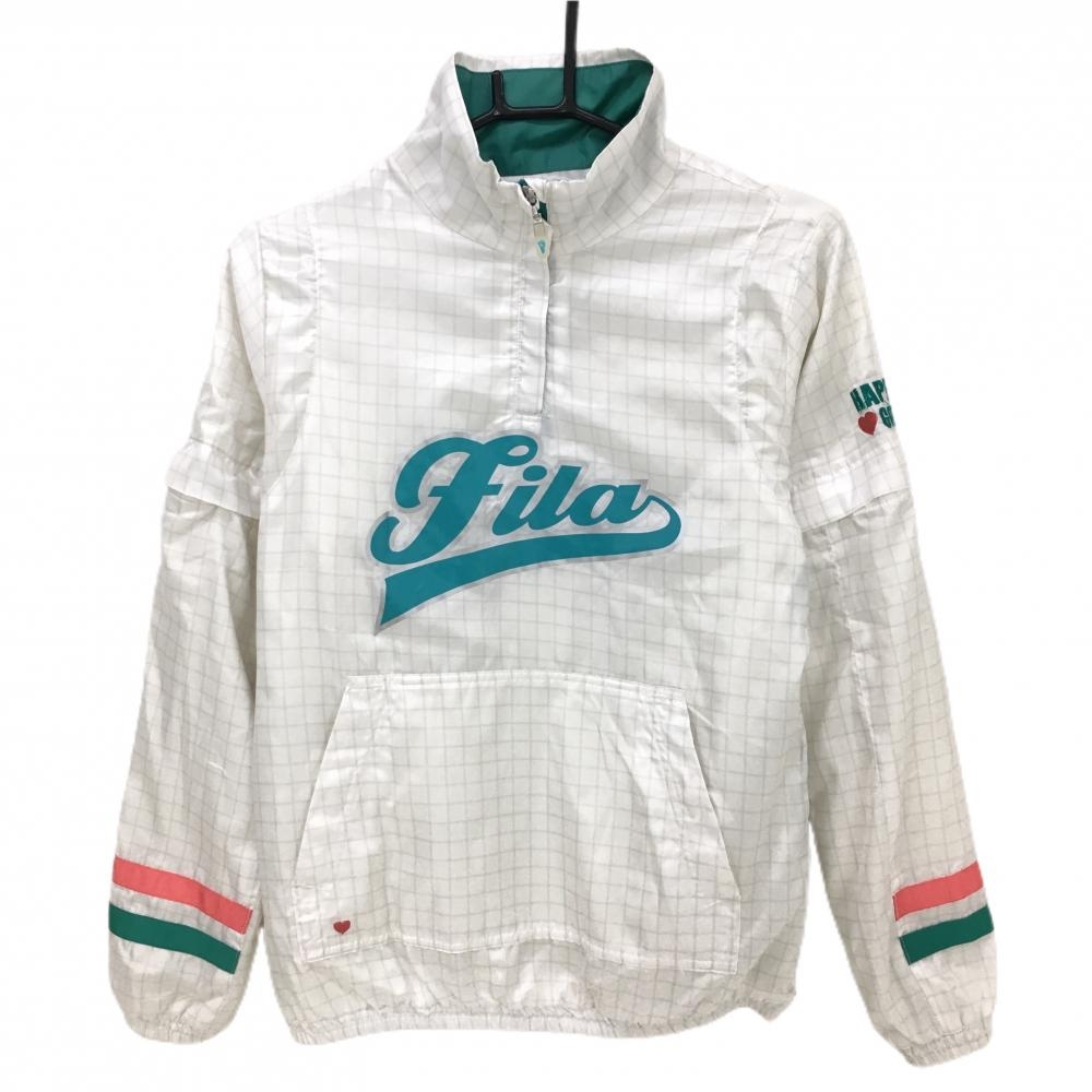 【美品】フィラゴルフ 2WAYブルゾン 白×グリーン 格子柄 袖着脱可 ハーフジップ 裏地付  レディース M ゴルフウェア FILA GOLF