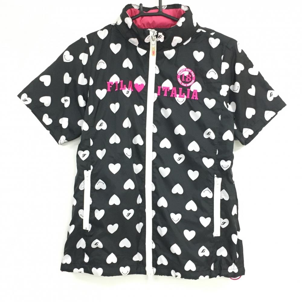 フィラゴルフ 半袖ジャケット 黒×白 ハート柄 裏地付 フード収納可 レディース L ゴルフウェア FILA GOLF
