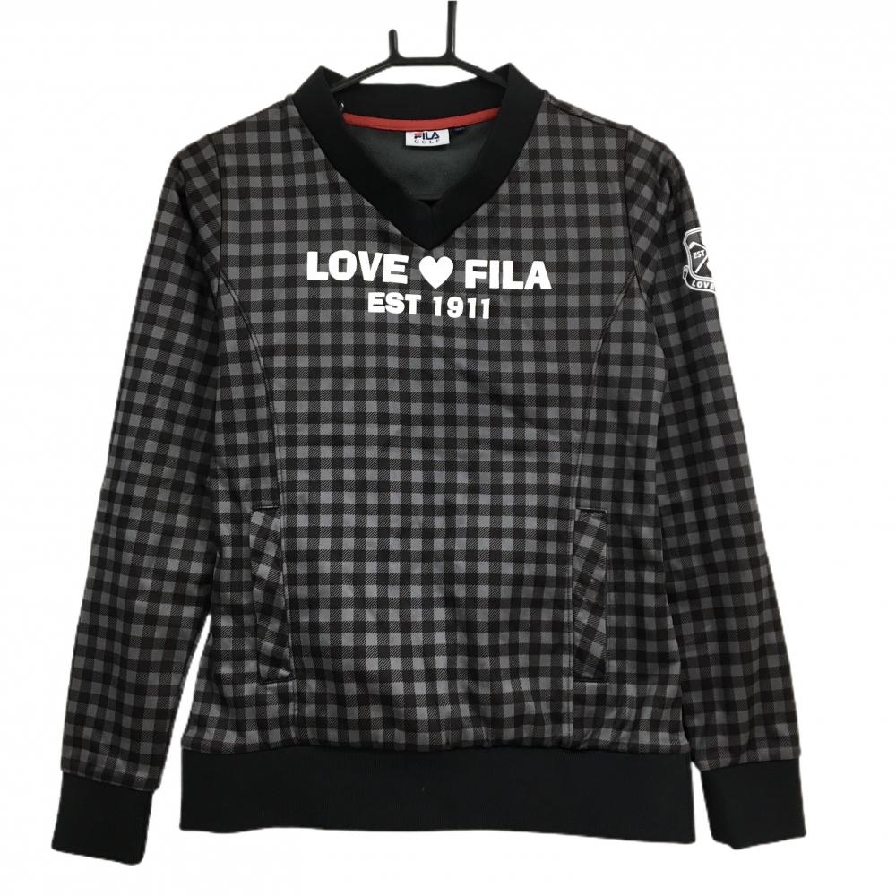 【美品】フィラゴルフ ブルゾン グレー×黒 チェック 裏起毛 スニード Vネック レディース M ゴルフウェア FILA GOLF