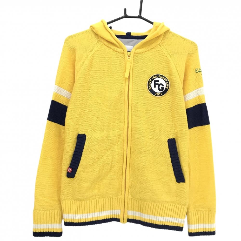 フィラゴルフ ニットジップパーカー イエロー×ネイビー ロゴワッペン 裏地付き レディース L ゴルフウェア FILA GOLF