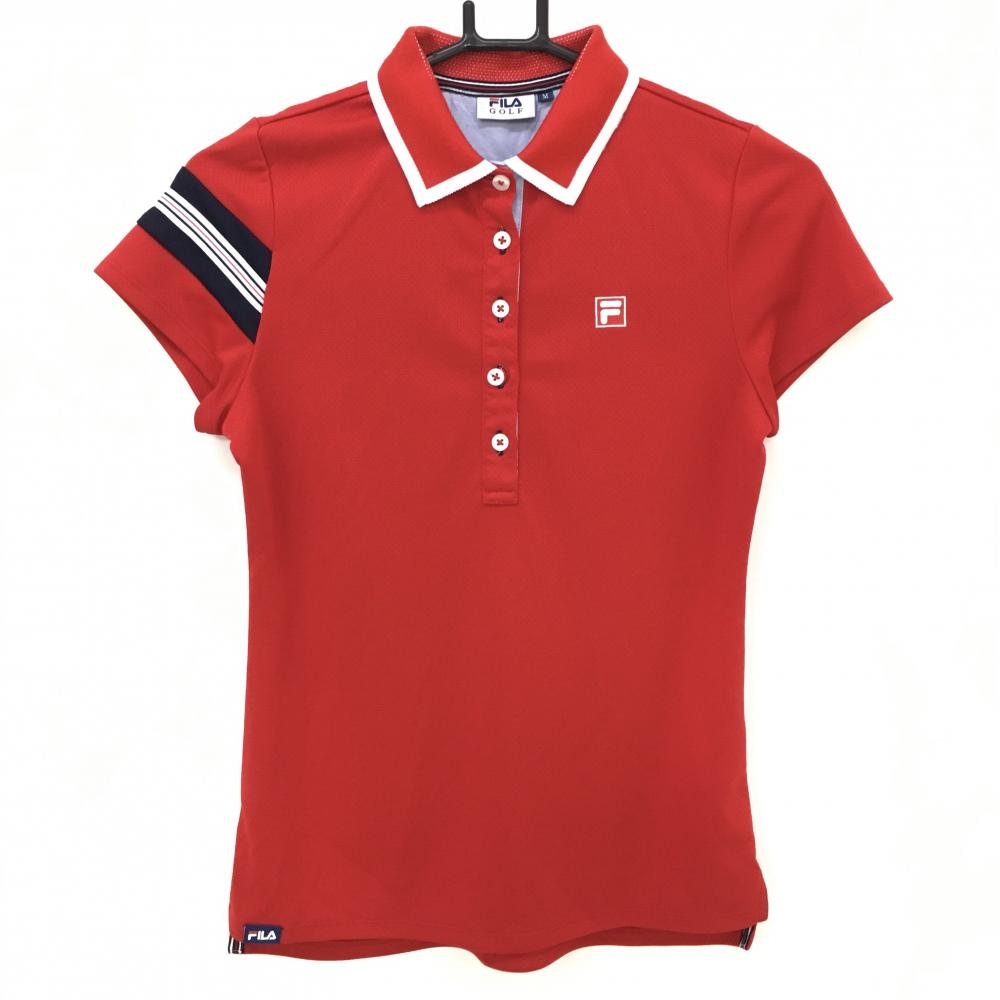 【美品】フィラゴルフ 半袖ポロシャツ レッド×ネイビー 織生地 ロゴ刺しゅう レディース M ゴルフウェア FILA GOLF