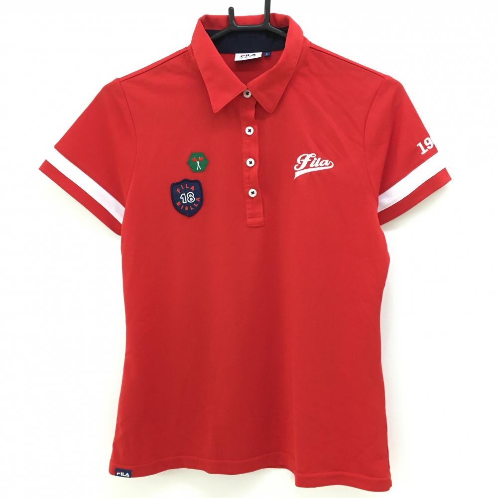 【超美品】フィラゴルフ 半袖ポロシャツ レッド×白 袖ライン ワッペン ロゴ刺しゅう  レディース L ゴルフウェア FILA GOLF